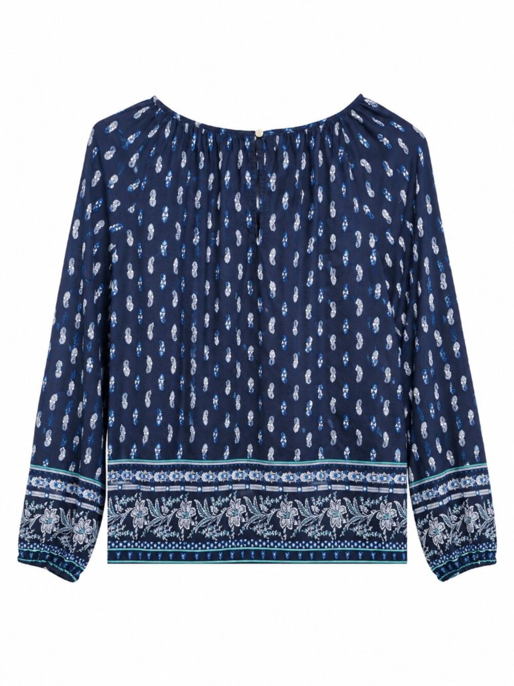 Ann Taylor Factory L Navy Paisley Border Print Boho Peasant Blouse Cotton Blend - Picture 2 of 5